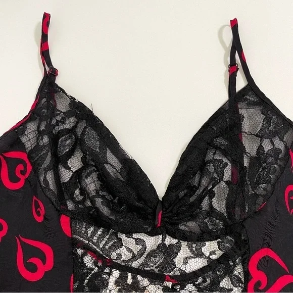 Victoria’s Secret Vintage Gold Label Silk Lace Heart Teddy Bodysuit Black Red